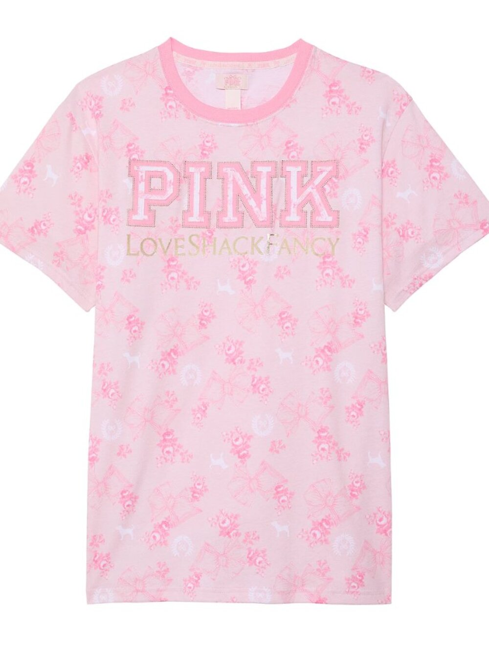 PINK x LoveShackFancy Campus Cotton Tee Medium Floral Logo Graphic T-Shirt Pink - Picture 3 of 5